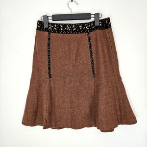 Vintage City DKNY Wool Herringbone Tweed Beaded Velvet Pleated Flare A-Lin Skirt
